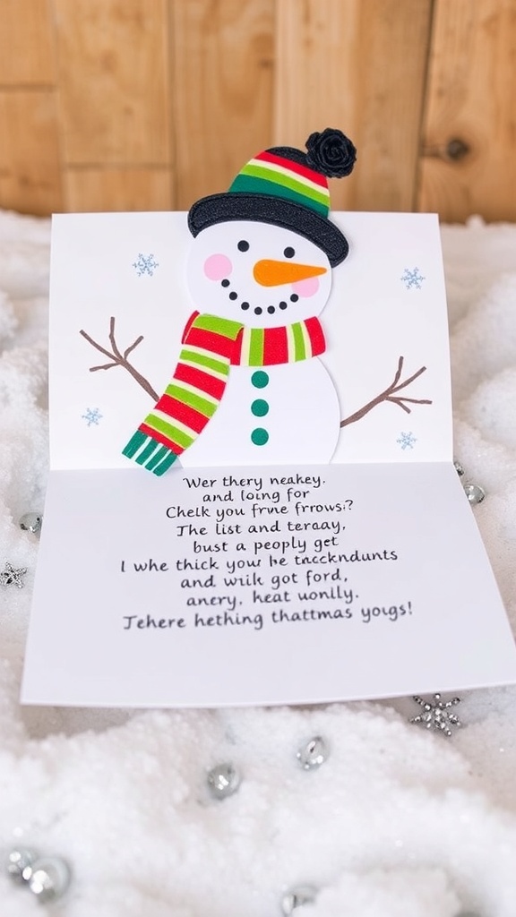A festive snowman card with a snowman design and holiday decorations.